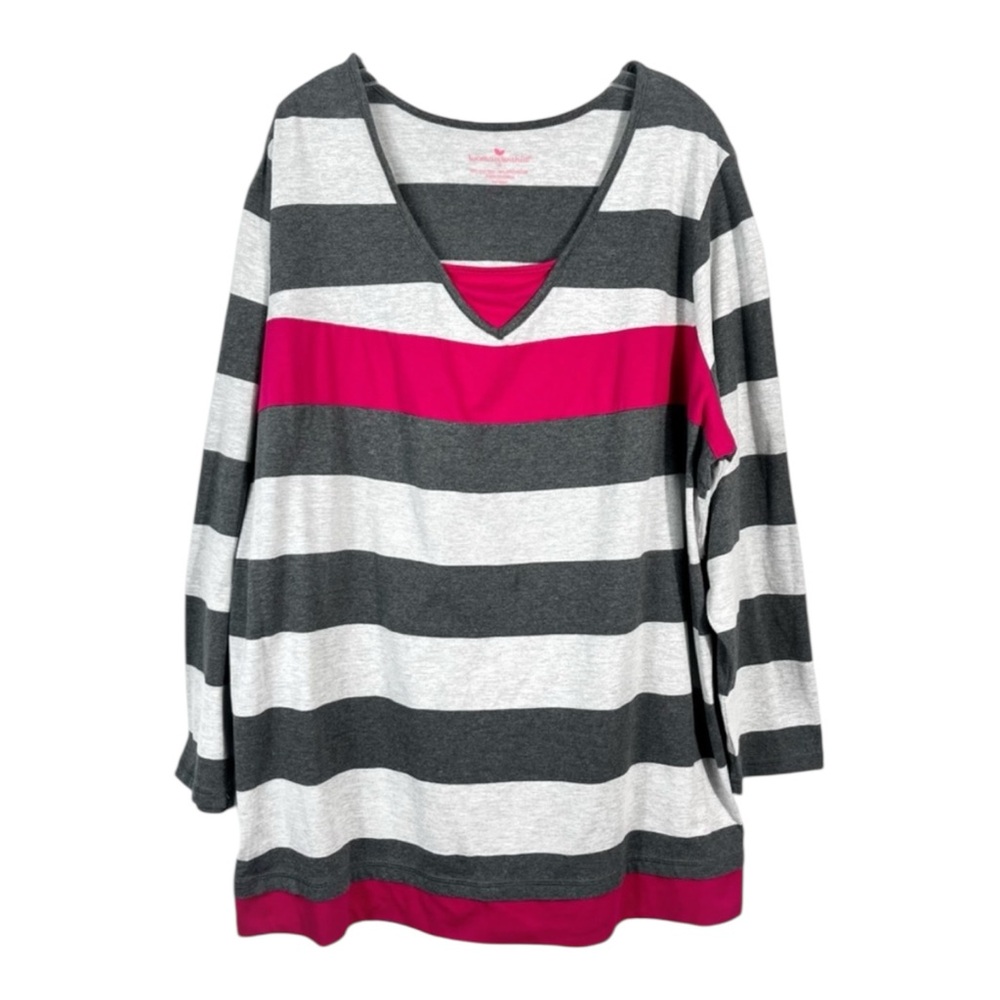 Woman Within Gray Striped Pink Detail Oversized Pullover Sweatshirt Plus Size 2X